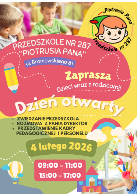Serdecznie zapraszamy dzieci - kandydatów do przedszkola wraz z rodzicami na Dzień Otwarty